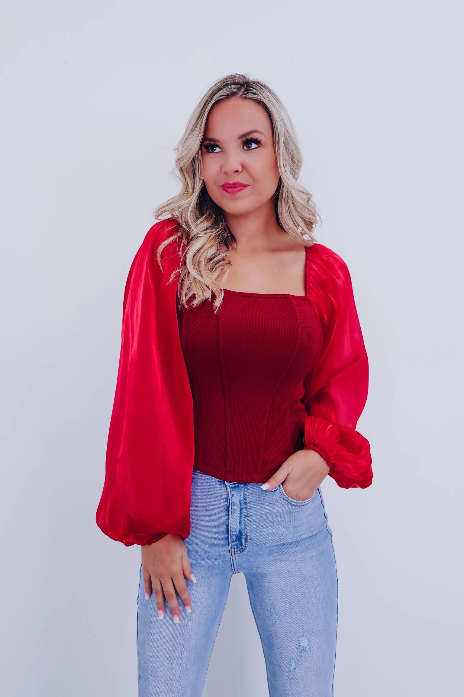 Ona Organza Sleeve Corset Top - Burgundy