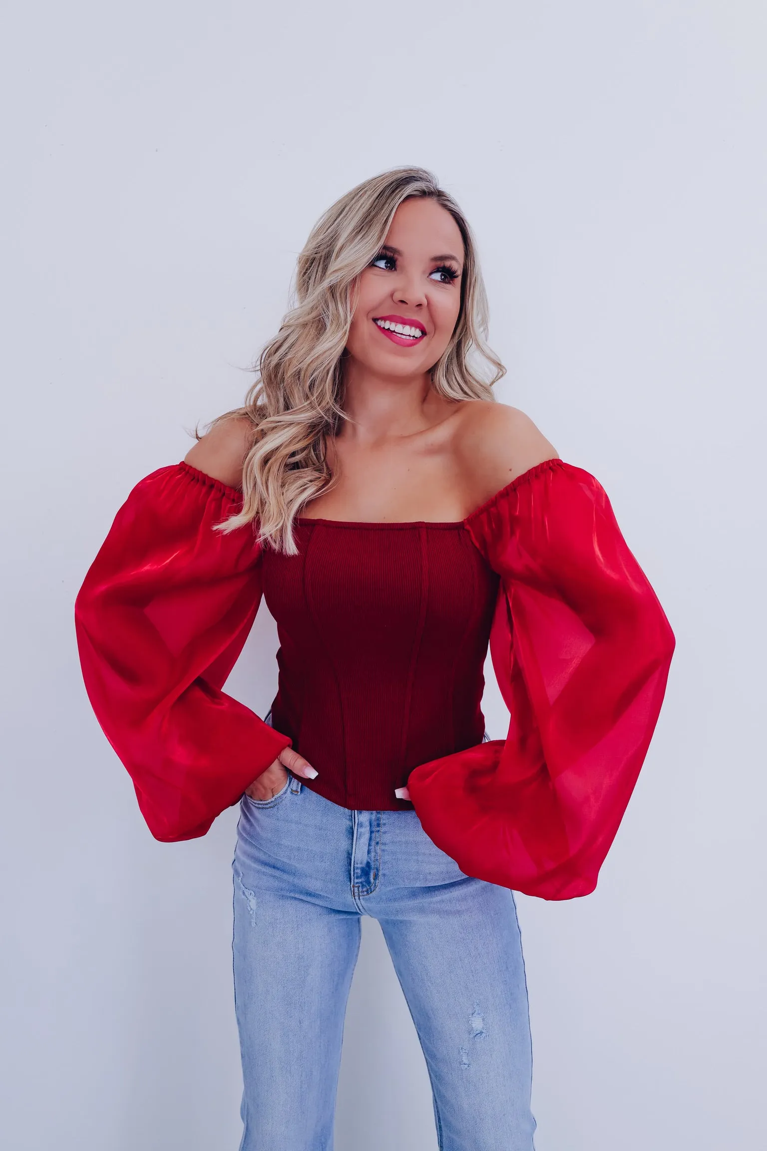Ona Organza Sleeve Corset Top - Burgundy