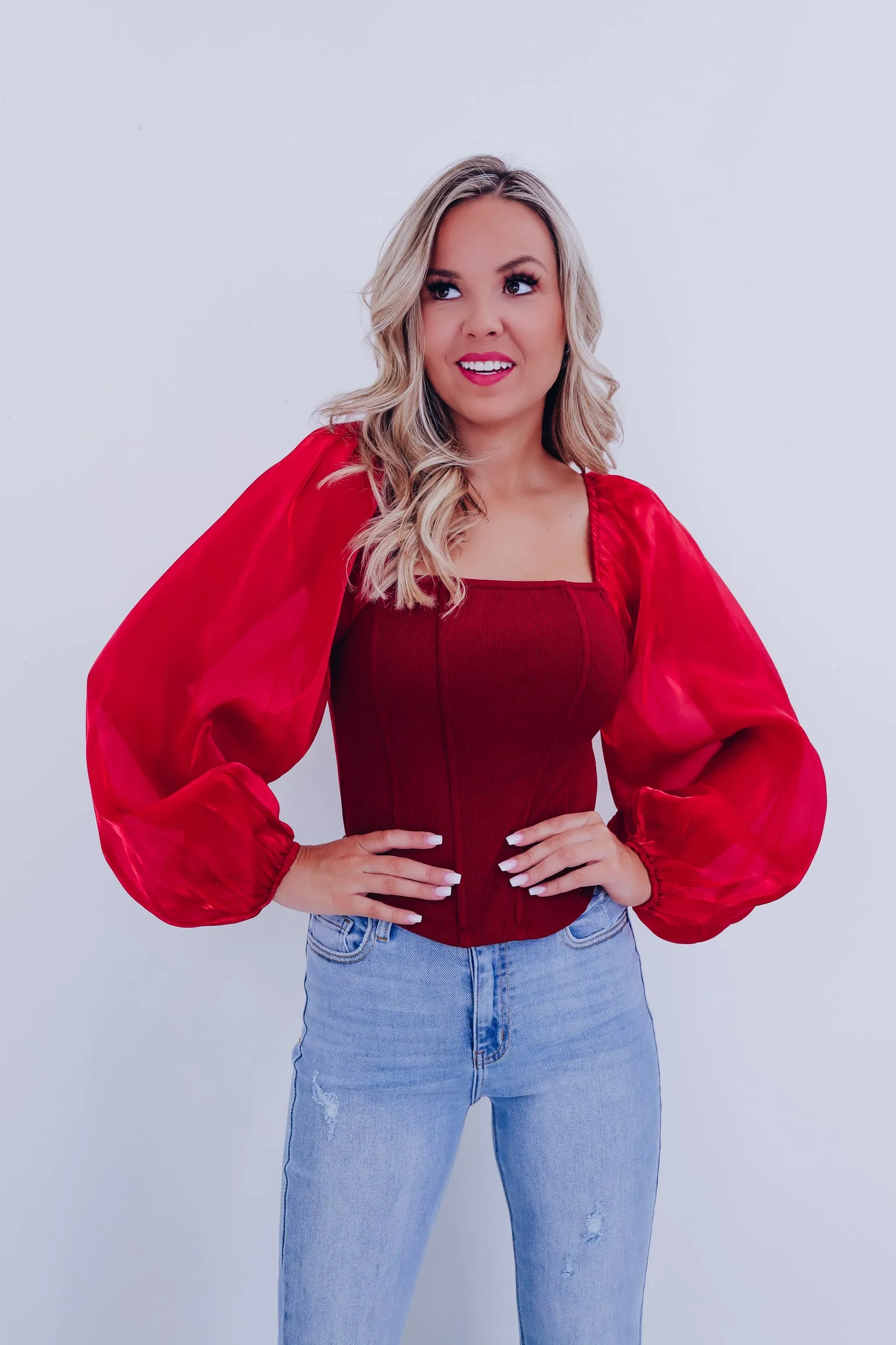 Ona Organza Sleeve Corset Top - Burgundy