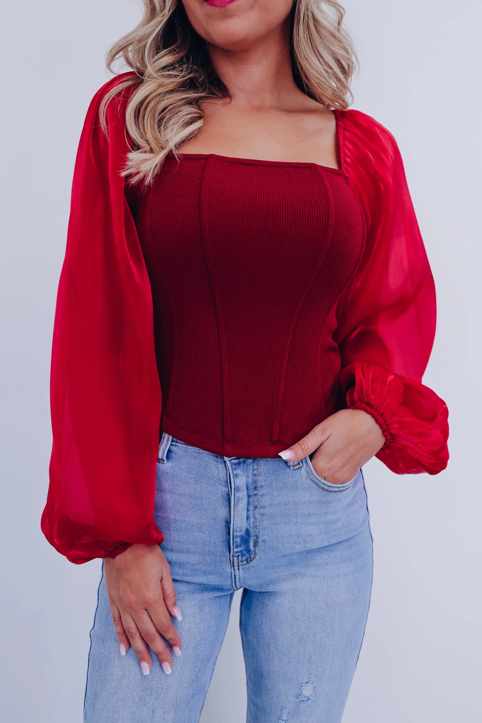Ona Organza Sleeve Corset Top - Burgundy