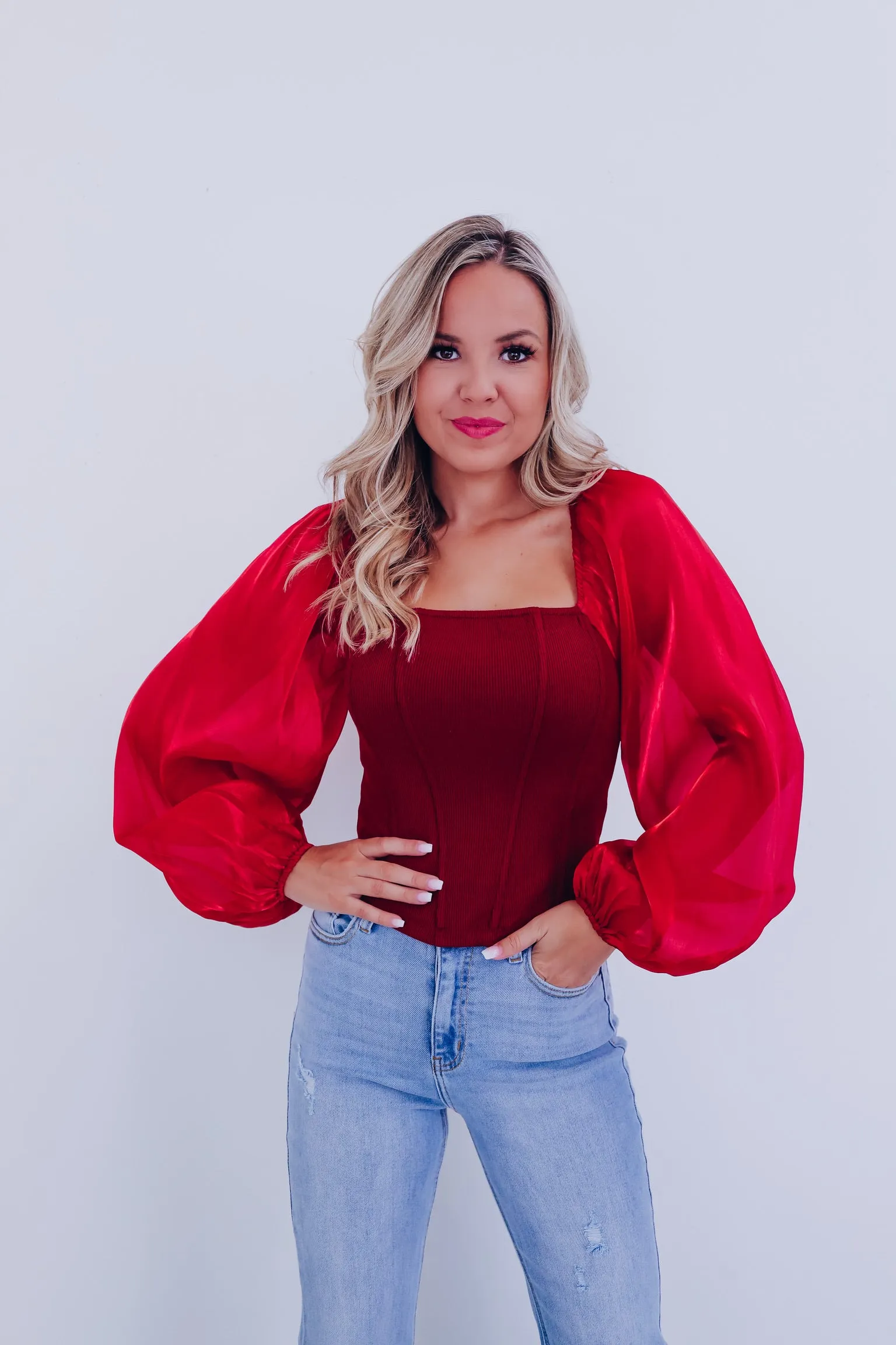 Ona Organza Sleeve Corset Top - Burgundy