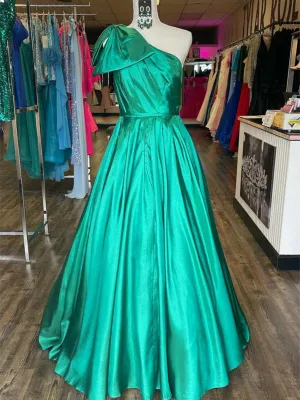 One Shoulder Green Satin Long Prom Dresses, One Shoulder Green Satin Long  Formal Evening Dresses