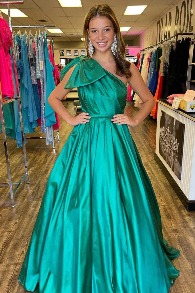 One Shoulder Green Satin Long Prom Dresses, One Shoulder Green Satin Long  Formal Evening Dresses