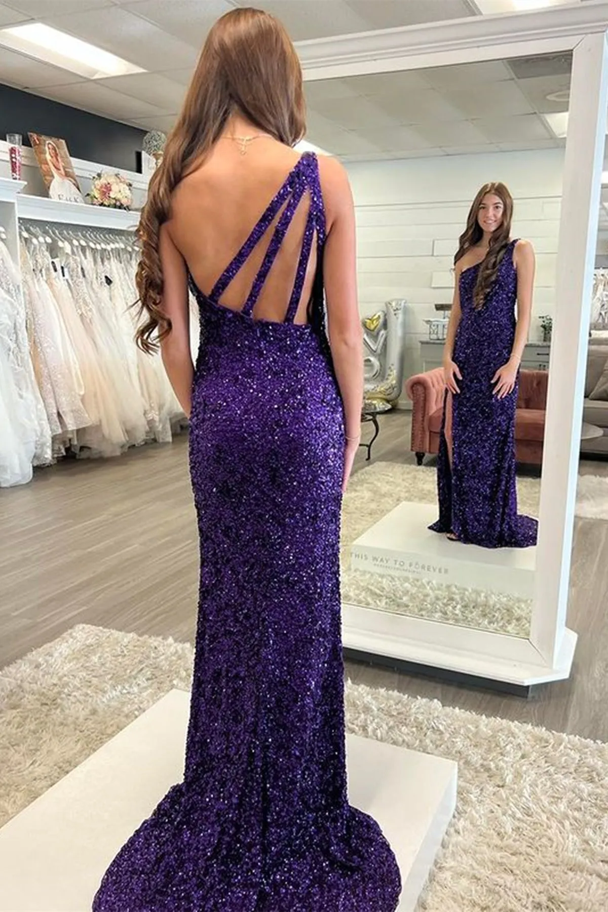 One Shoulder Purple Sequins Mermaid Long Prom Dress with High Slit, Mermaid Purple Formal Dress, Purple Sequins Evening Dress A1750