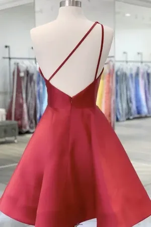 One Shoulder Red Satin Short Backless Prom Dresses, Red Short Applique Homecoming Dresses