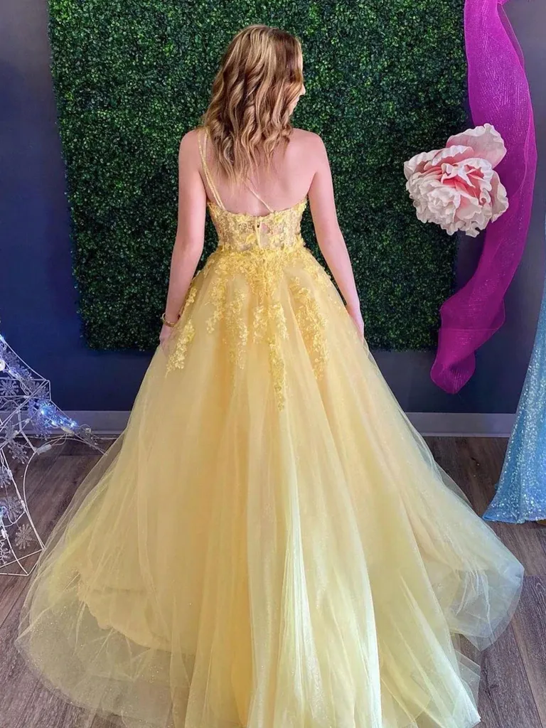 One Shoulder Yellow Lace Floral Long Prom Dresses, Yellow Long Lace Formal Evening Graduation Dresses