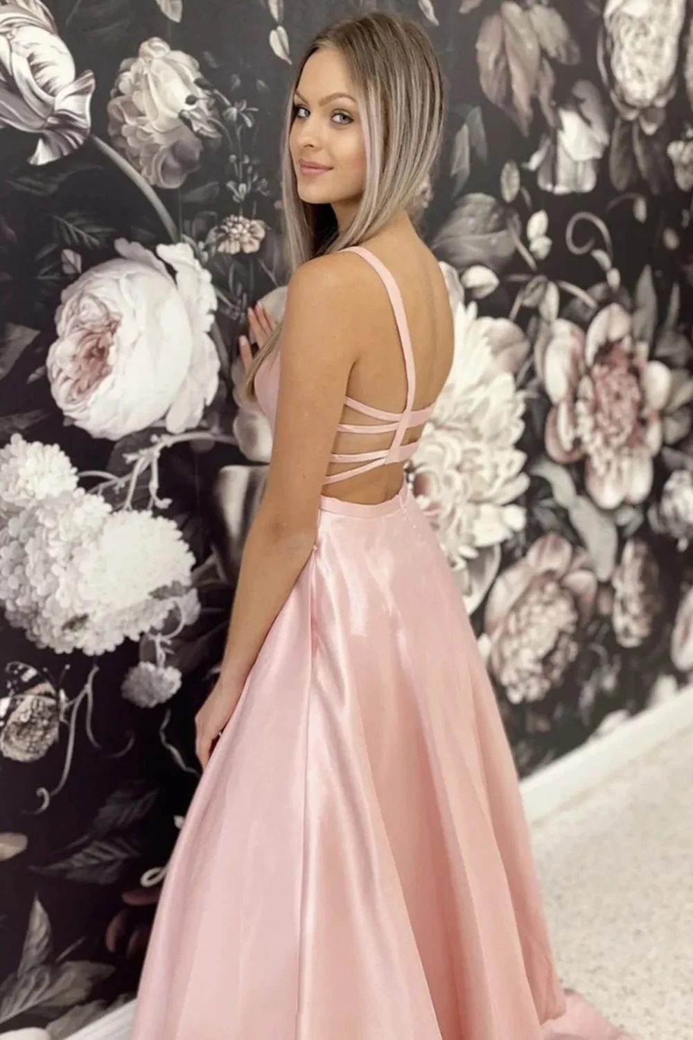 Open Back Pink Satin Long Prom Dress, Pink Formal Graduation Evening Dress