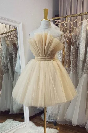 Open Back Strapless Champagne Tulle Short Prom Homecoming Dress, Strapless Champagne Formal Graduation Evening Dress A1607