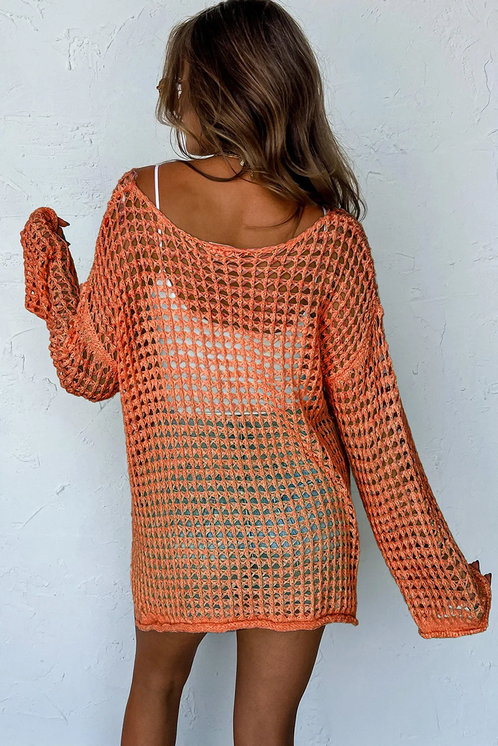 Orange Open Knit Crochet Bell Sleeve Tunic Sweater