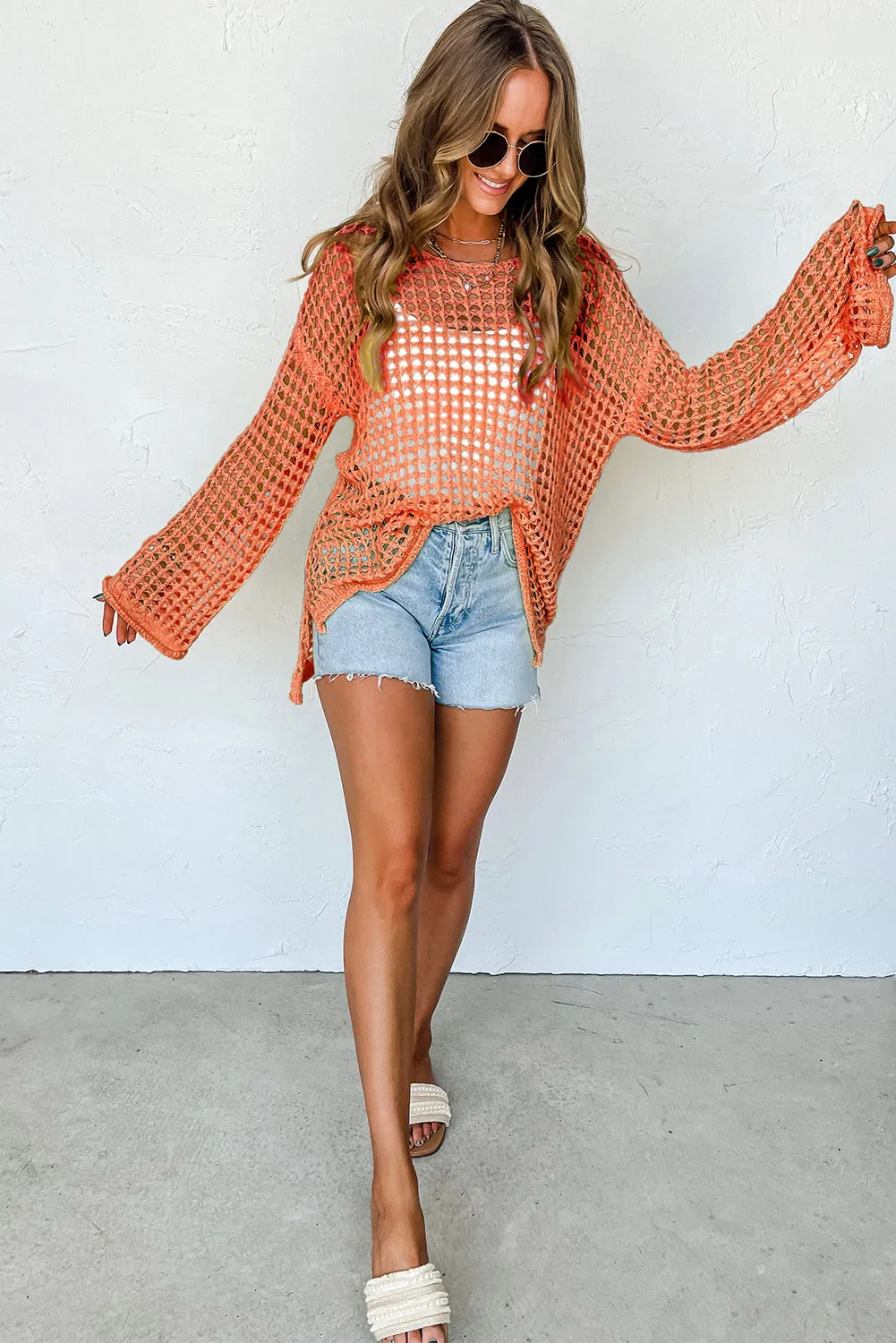 Orange Open Knit Crochet Bell Sleeve Tunic Sweater