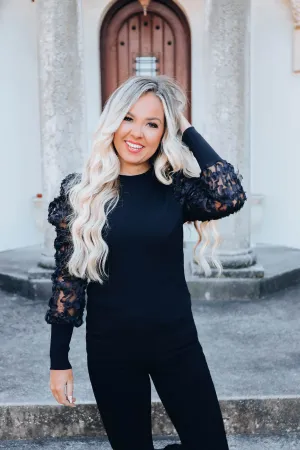 Organza Sheer Ruffle Sleeve Top - Black