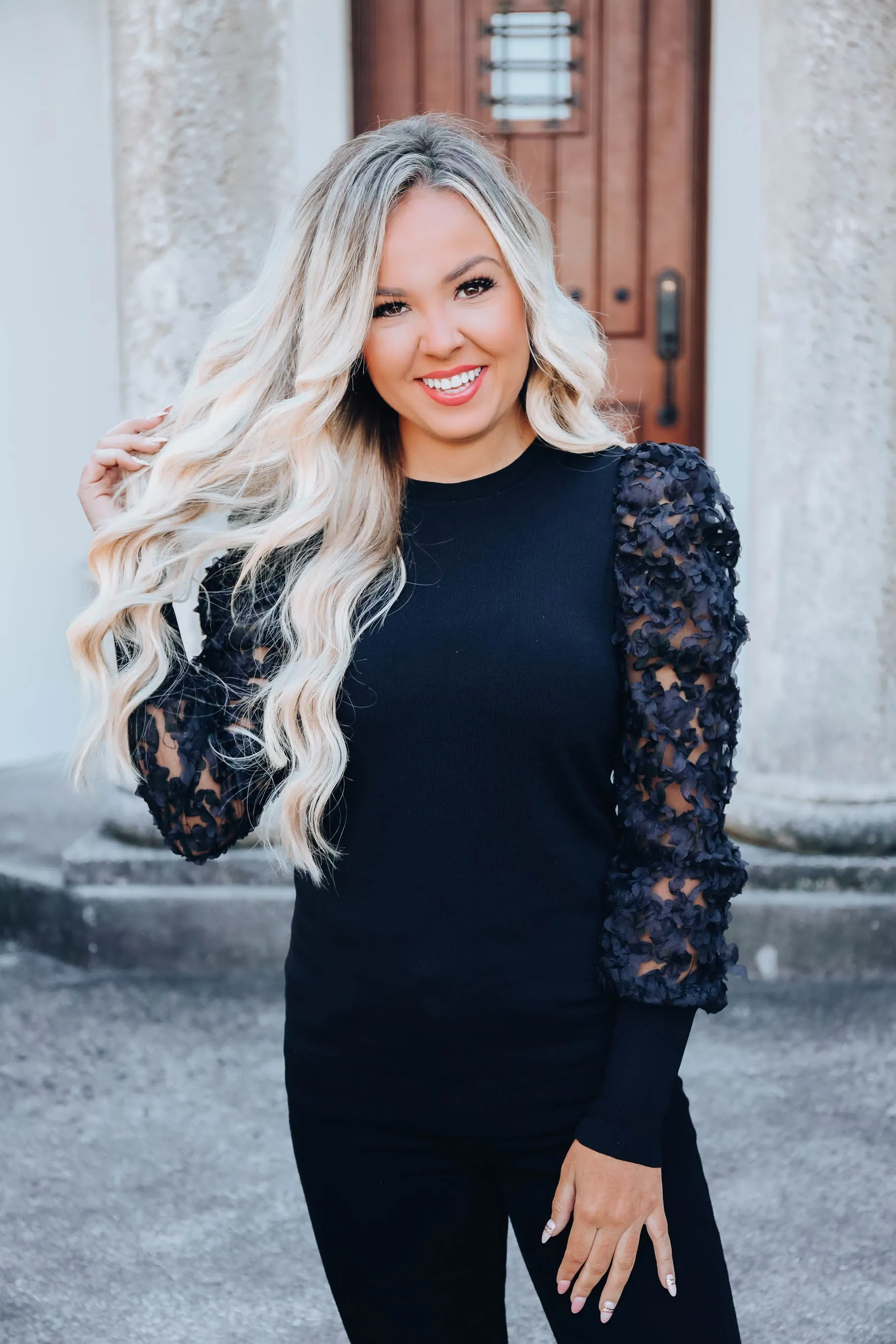 Organza Sheer Ruffle Sleeve Top - Black