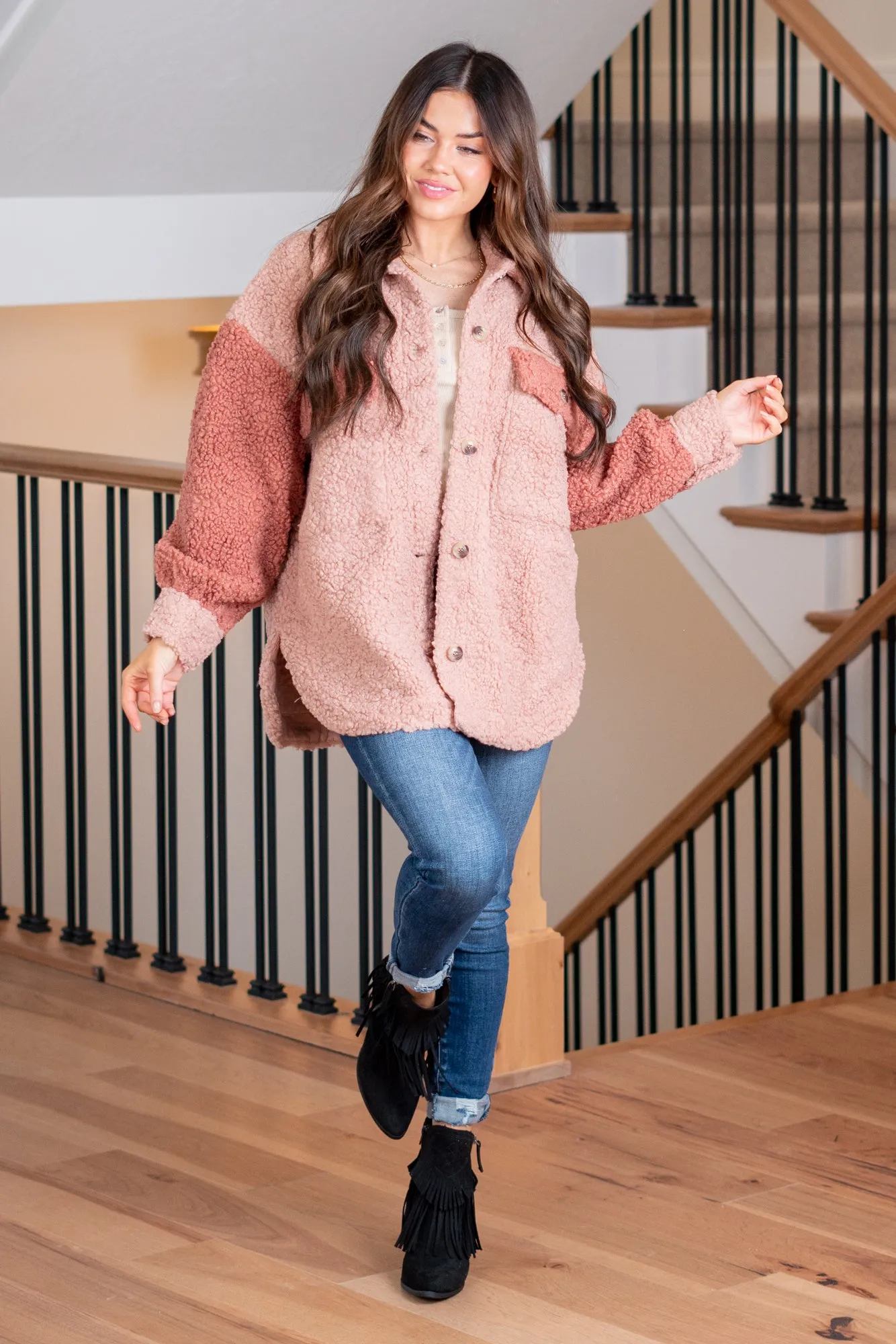 Oversized Color Block Sherpa Jacket - Dusty Pink