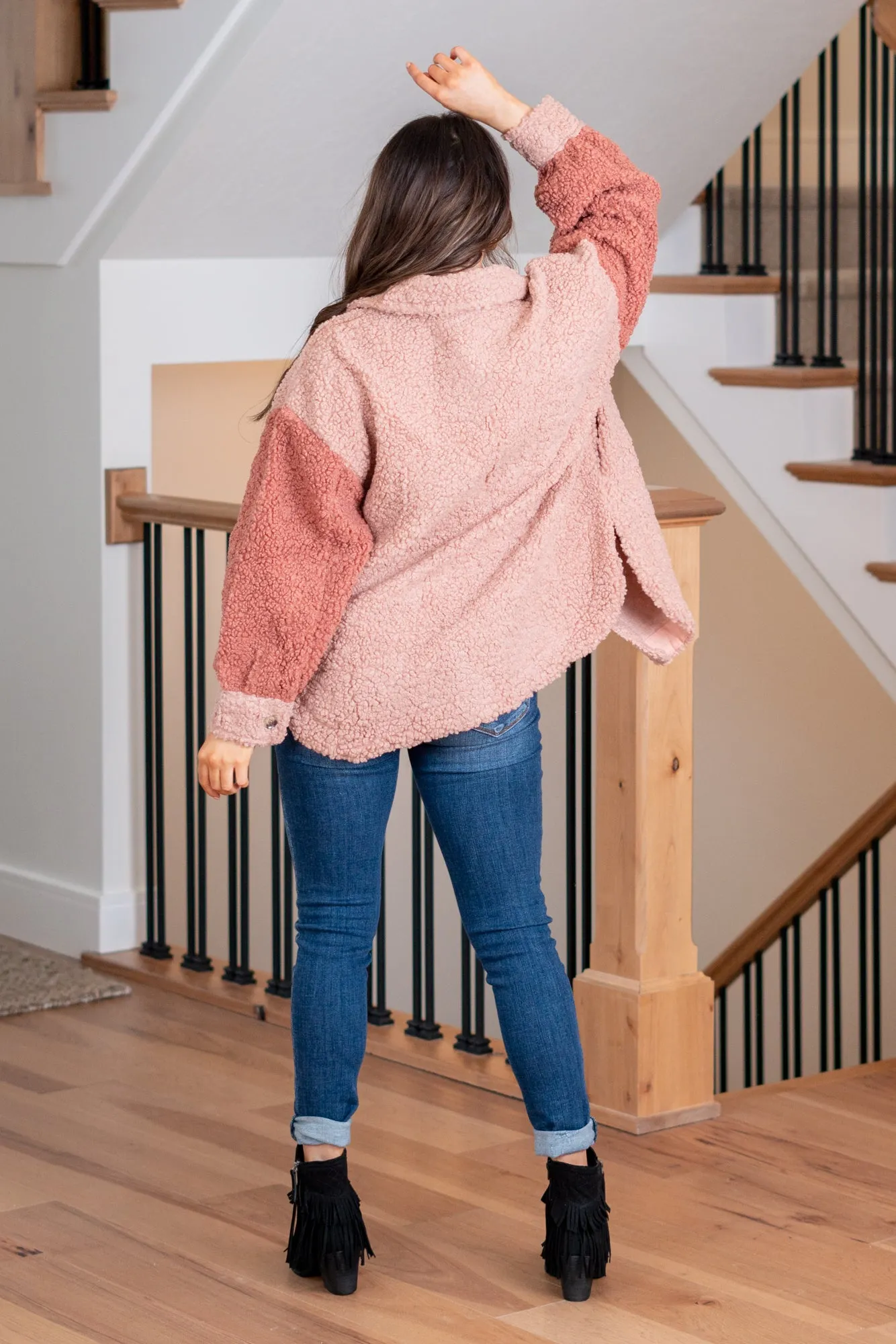 Oversized Color Block Sherpa Jacket - Dusty Pink
