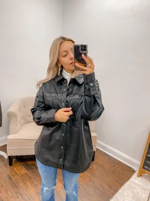 Oversized Faux Leather Casual Shacket - Black