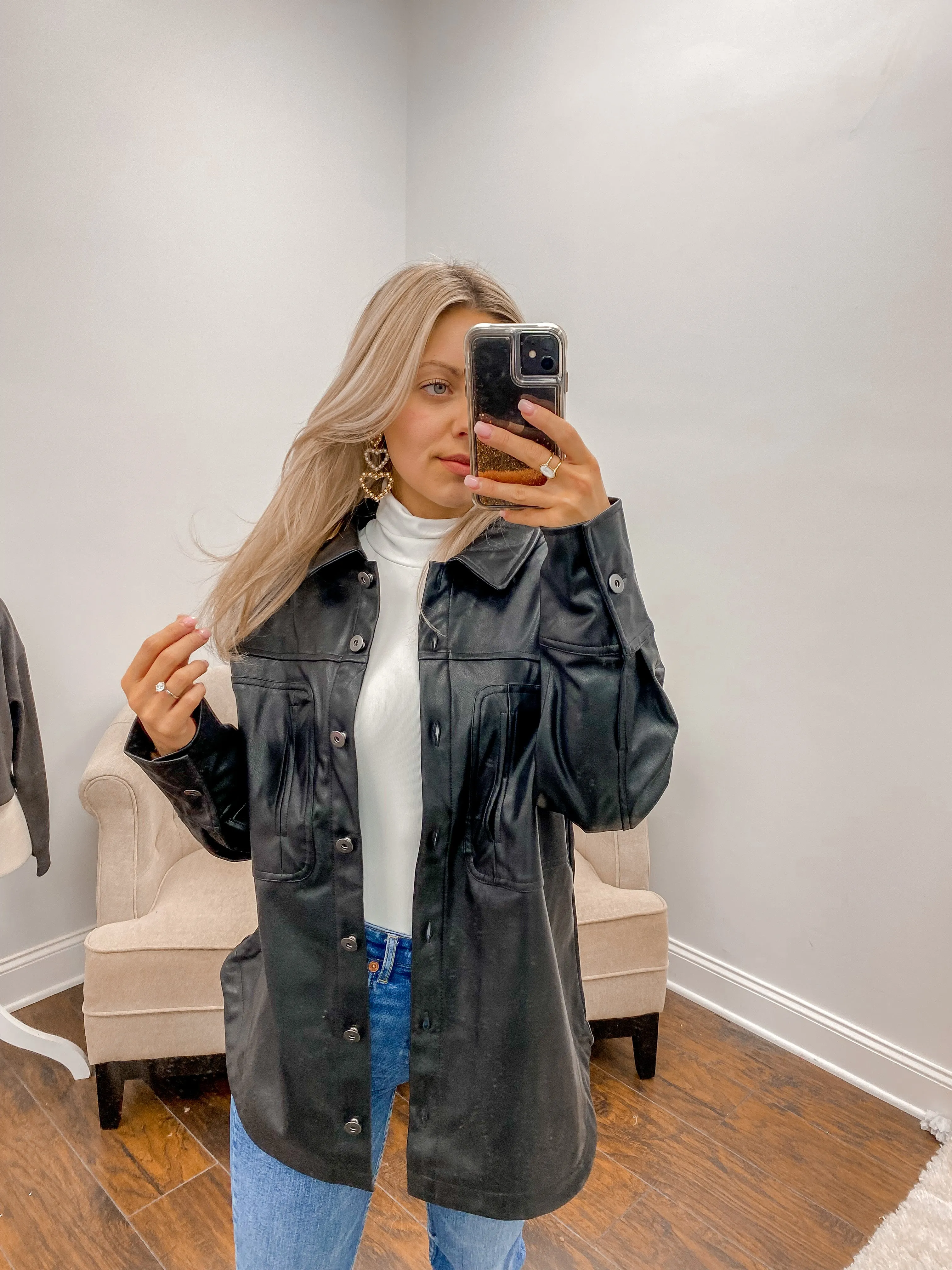 Oversized Faux Leather Casual Shacket - Black