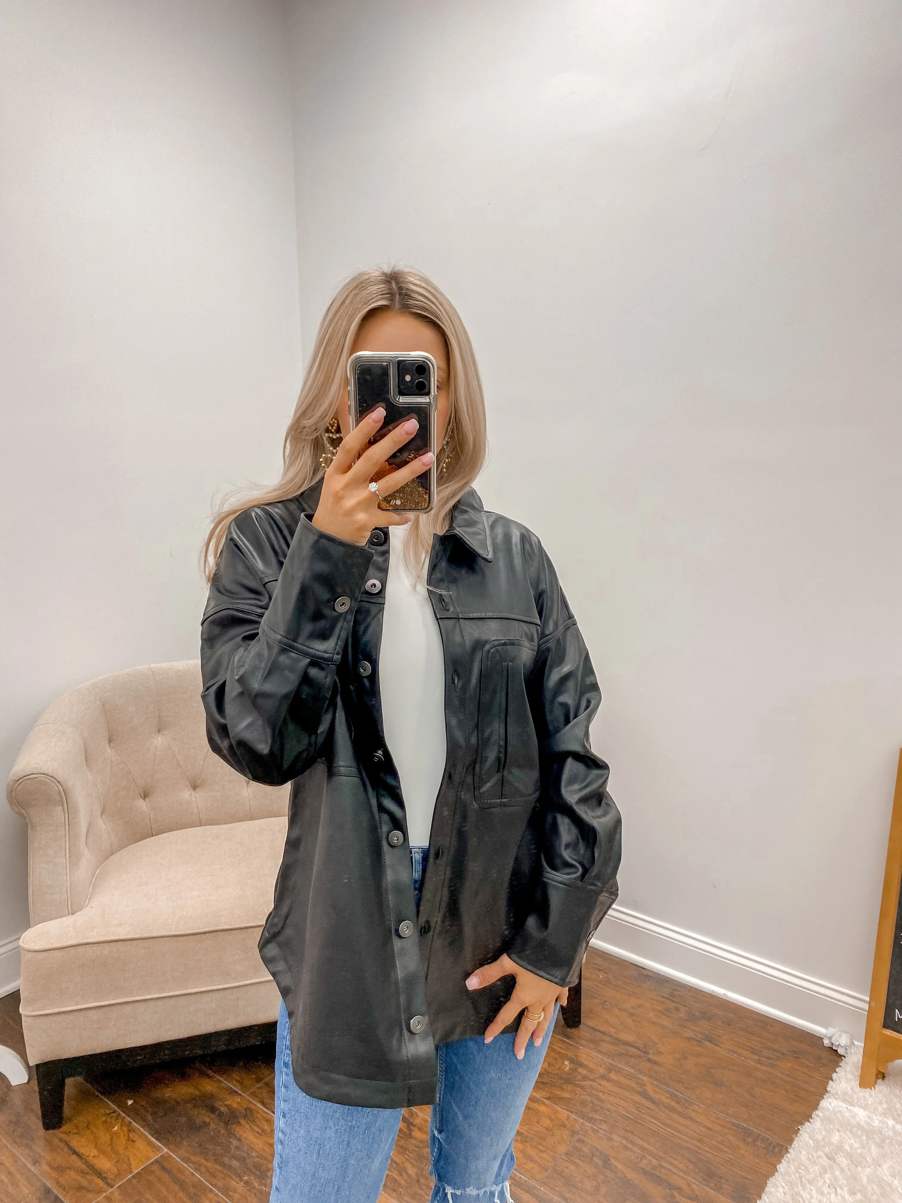 Oversized Faux Leather Casual Shacket - Black