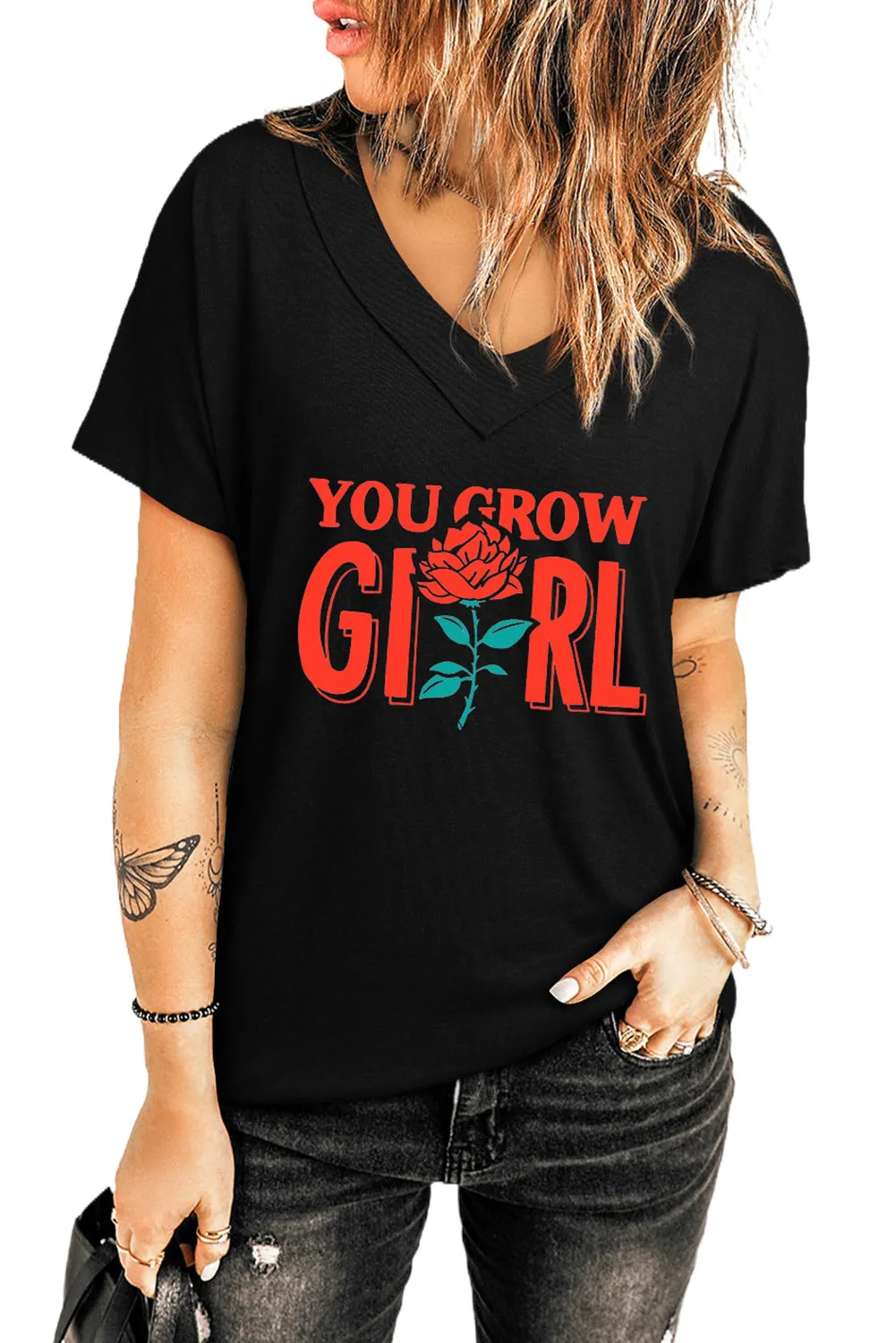Oversized Mineral Wash Cotton Blend V Neck Short Sleeves Top
