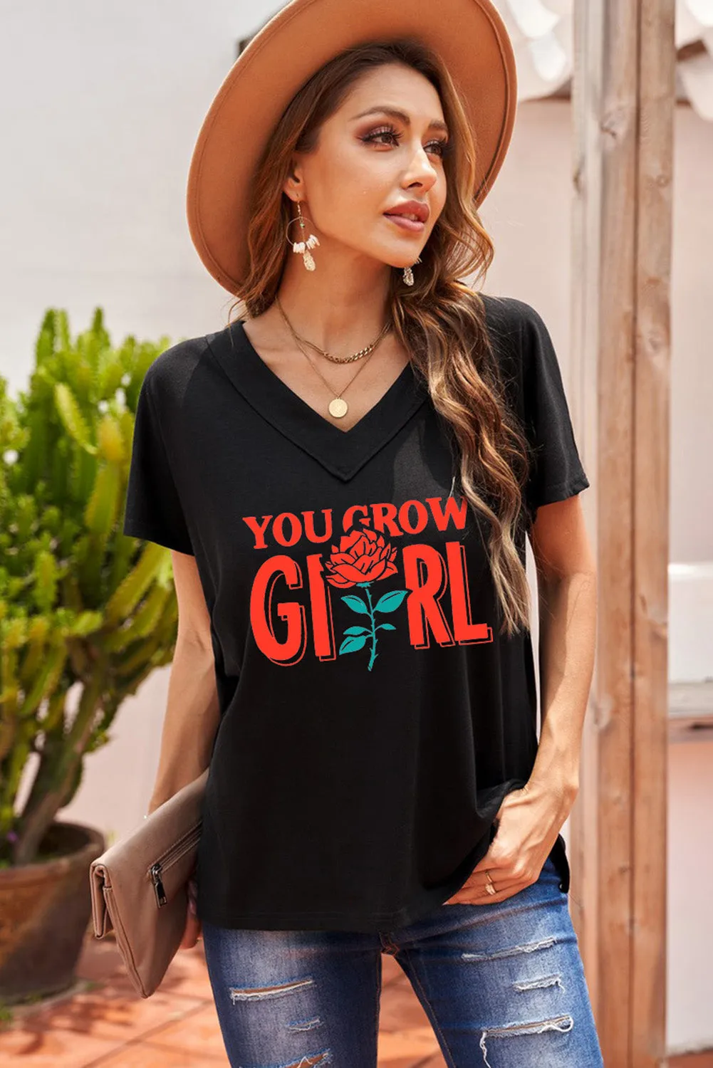 Oversized Mineral Wash Cotton Blend V Neck Short Sleeves Top