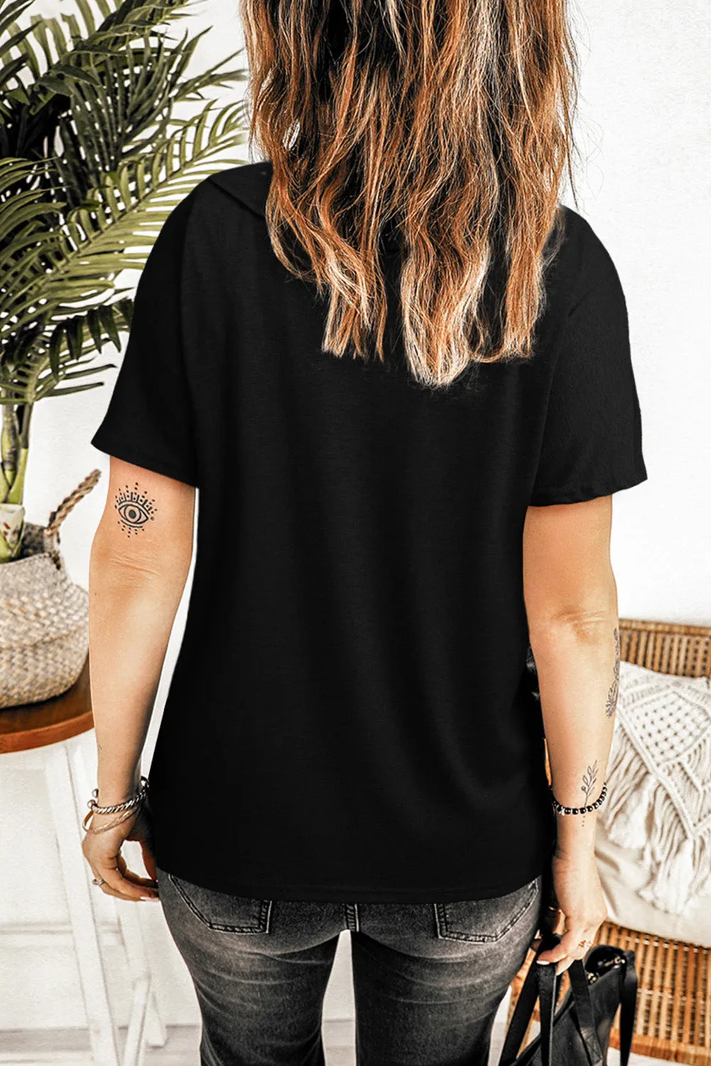 Oversized Mineral Wash Cotton Blend V Neck Short Sleeves Top