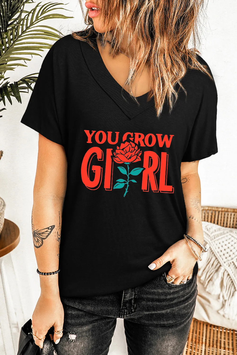 Oversized Mineral Wash Cotton Blend V Neck Short Sleeves Top