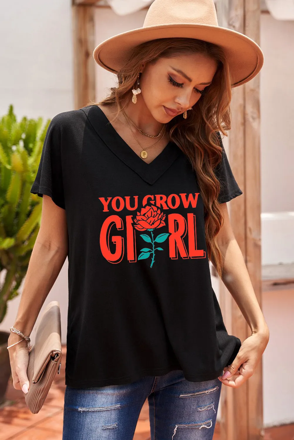 Oversized Mineral Wash Cotton Blend V Neck Short Sleeves Top