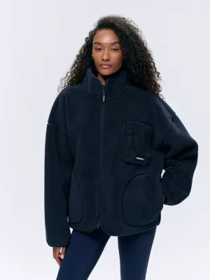 Oversized Pocket Zip Through Fleece - Navy Blue