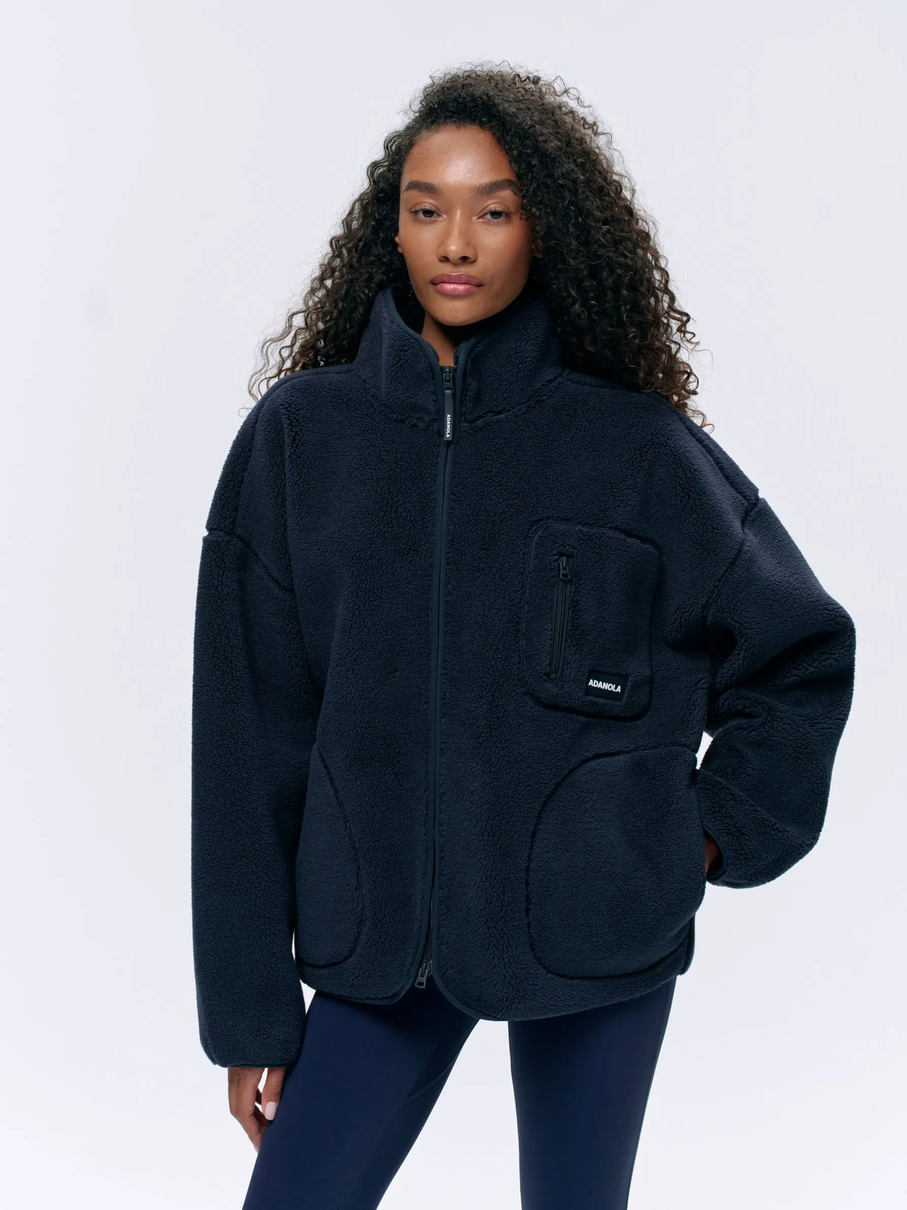 Oversized Pocket Zip Through Fleece - Navy Blue