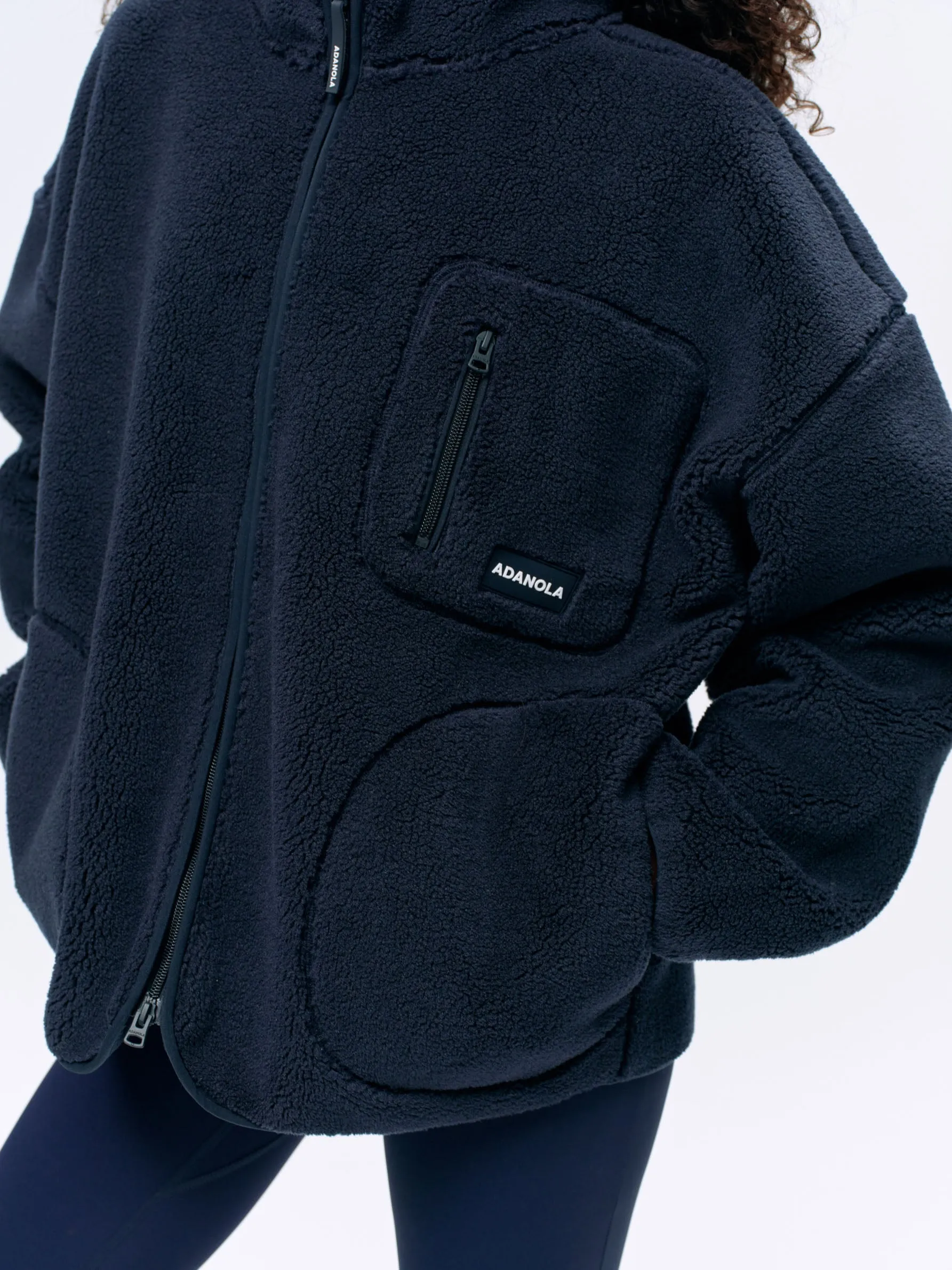 Oversized Pocket Zip Through Fleece - Navy Blue