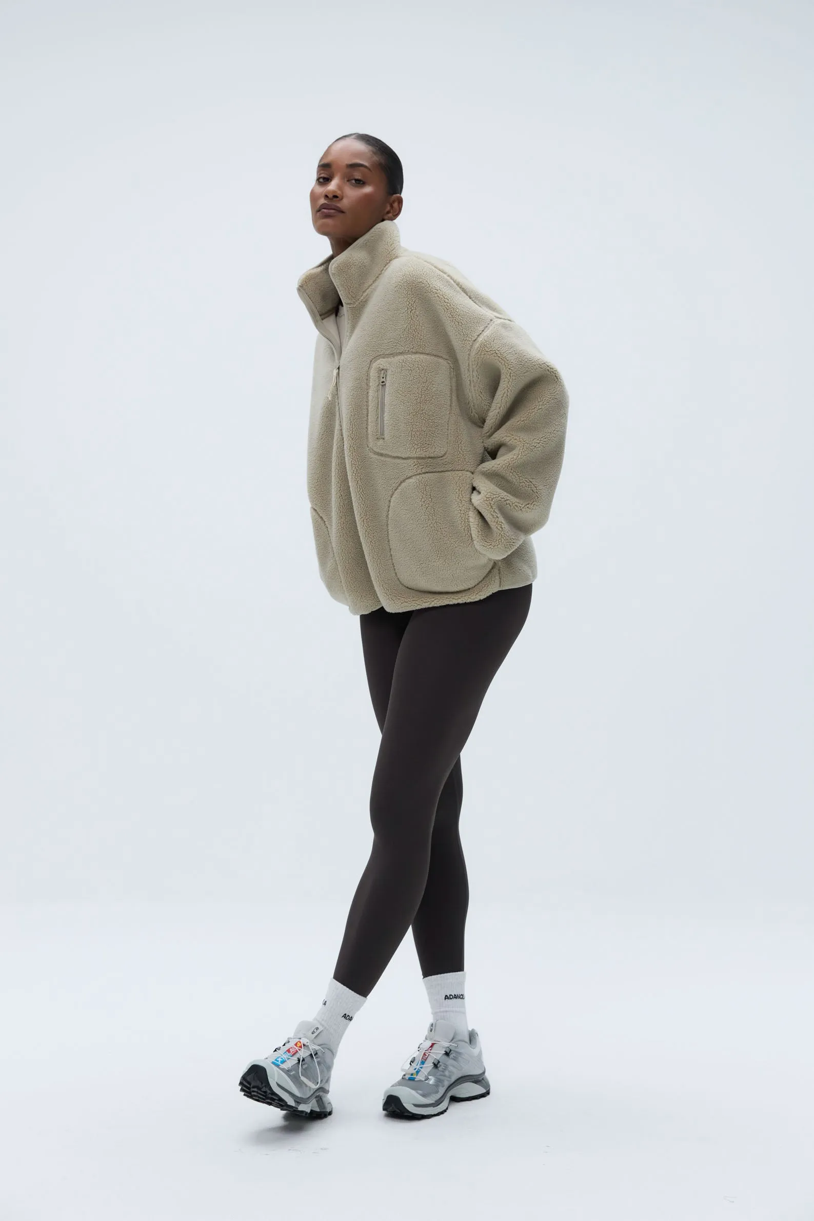 Oversized Pocket Zip Through Fleece - Sand