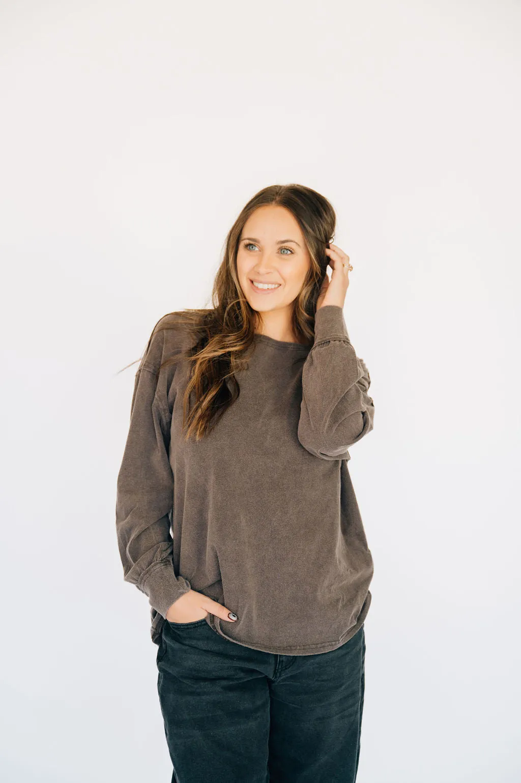Oversized Washed Long Sleeve Pocket Tee - Espresso