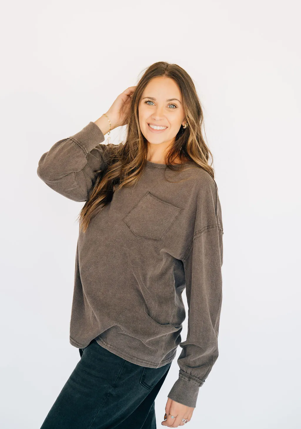 Oversized Washed Long Sleeve Pocket Tee - Espresso