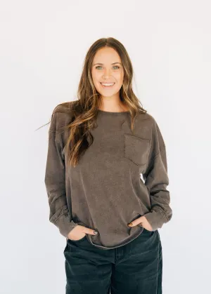 Oversized Washed Long Sleeve Pocket Tee - Espresso