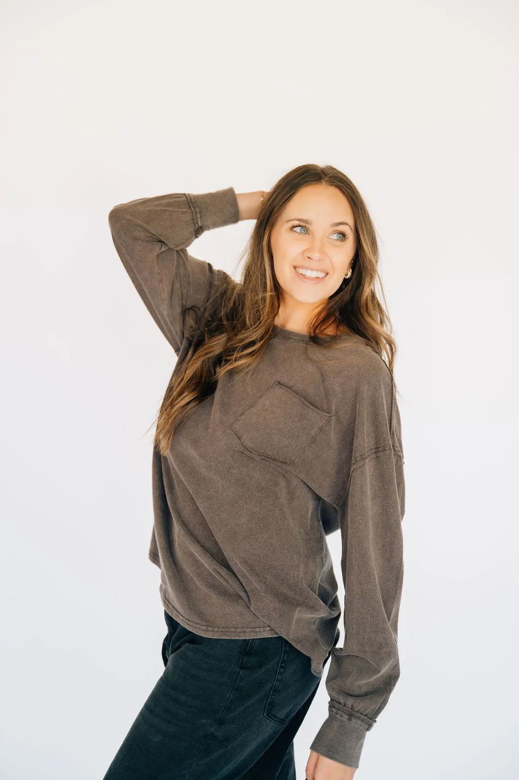 Oversized Washed Long Sleeve Pocket Tee - Espresso