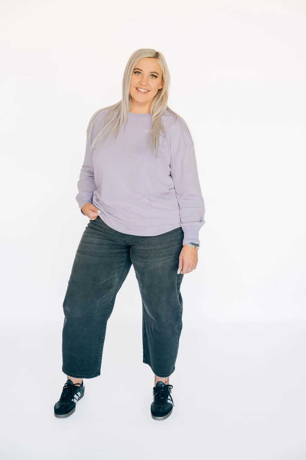 Oversized Washed Long Sleeve Pocket Tee - Lavender