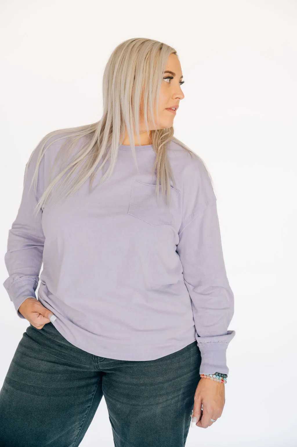 Oversized Washed Long Sleeve Pocket Tee - Lavender