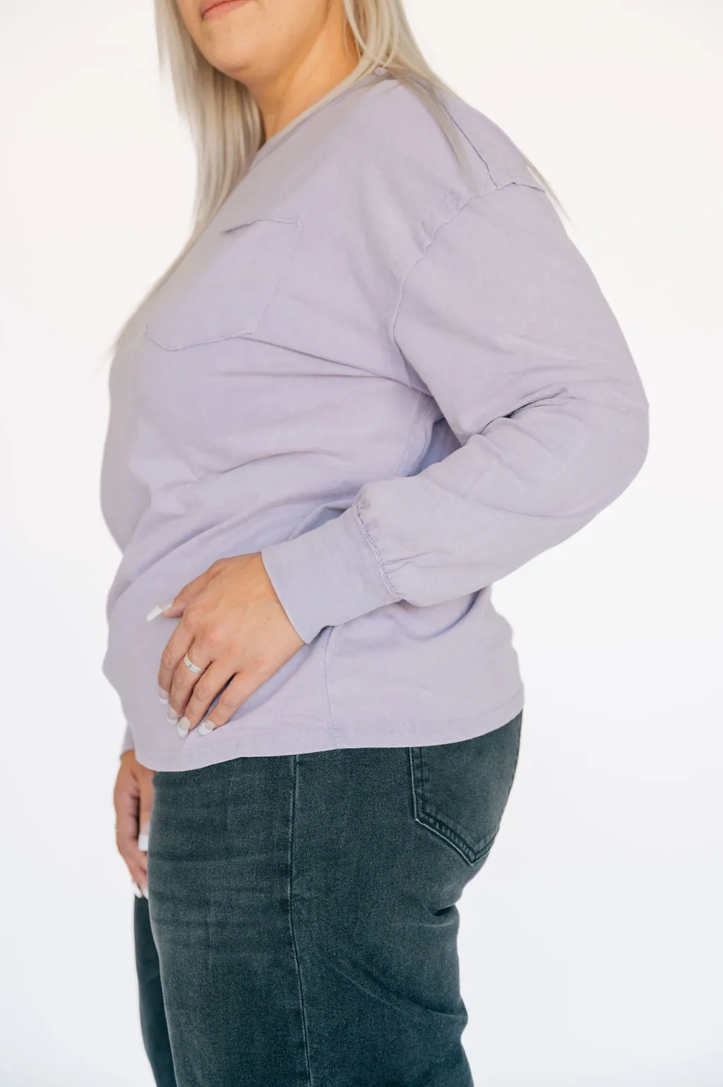 Oversized Washed Long Sleeve Pocket Tee - Lavender