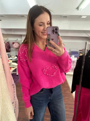 Pearl Hearts Sweater: Fuchsia