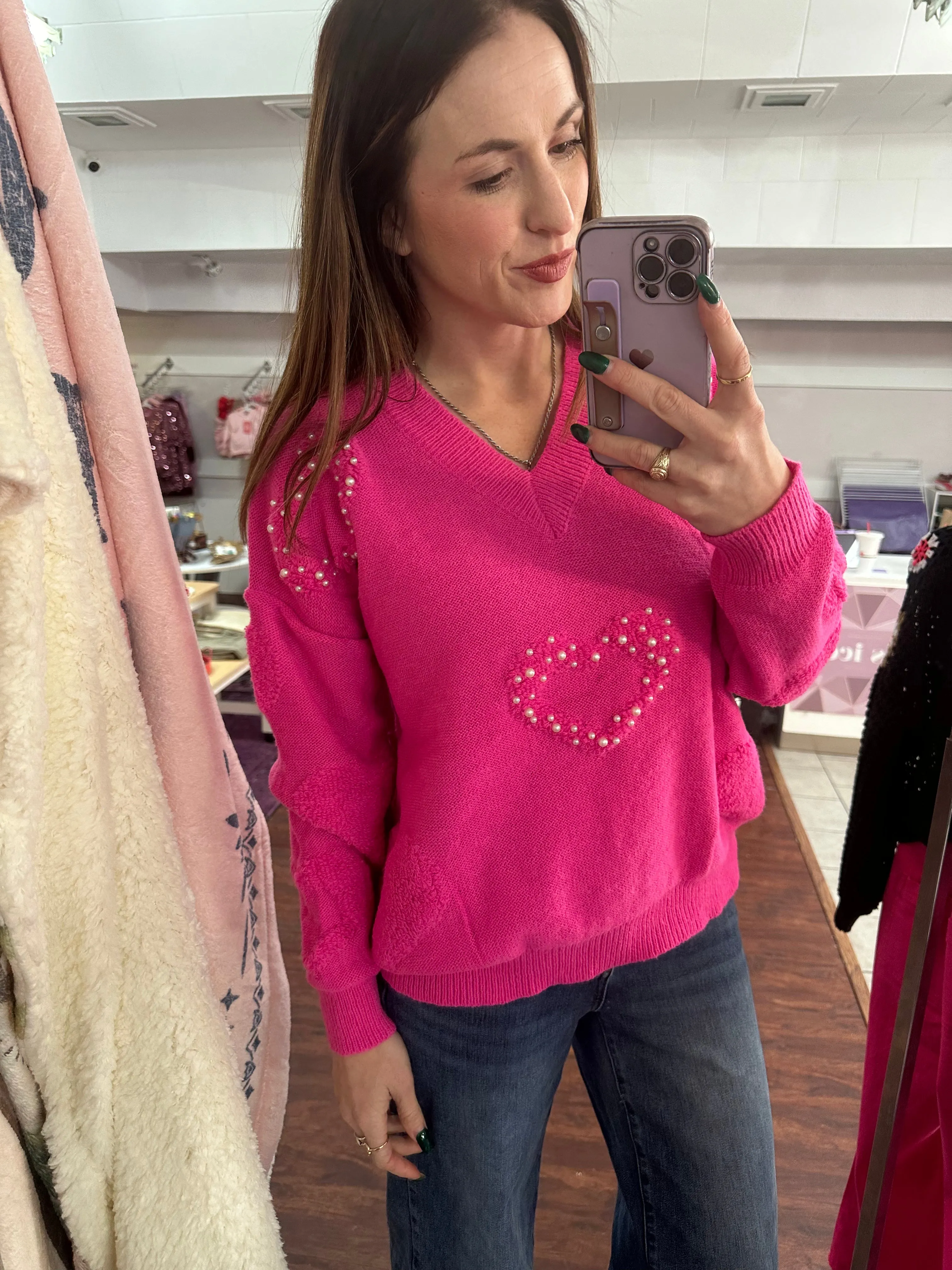 Pearl Hearts Sweater: Fuchsia
