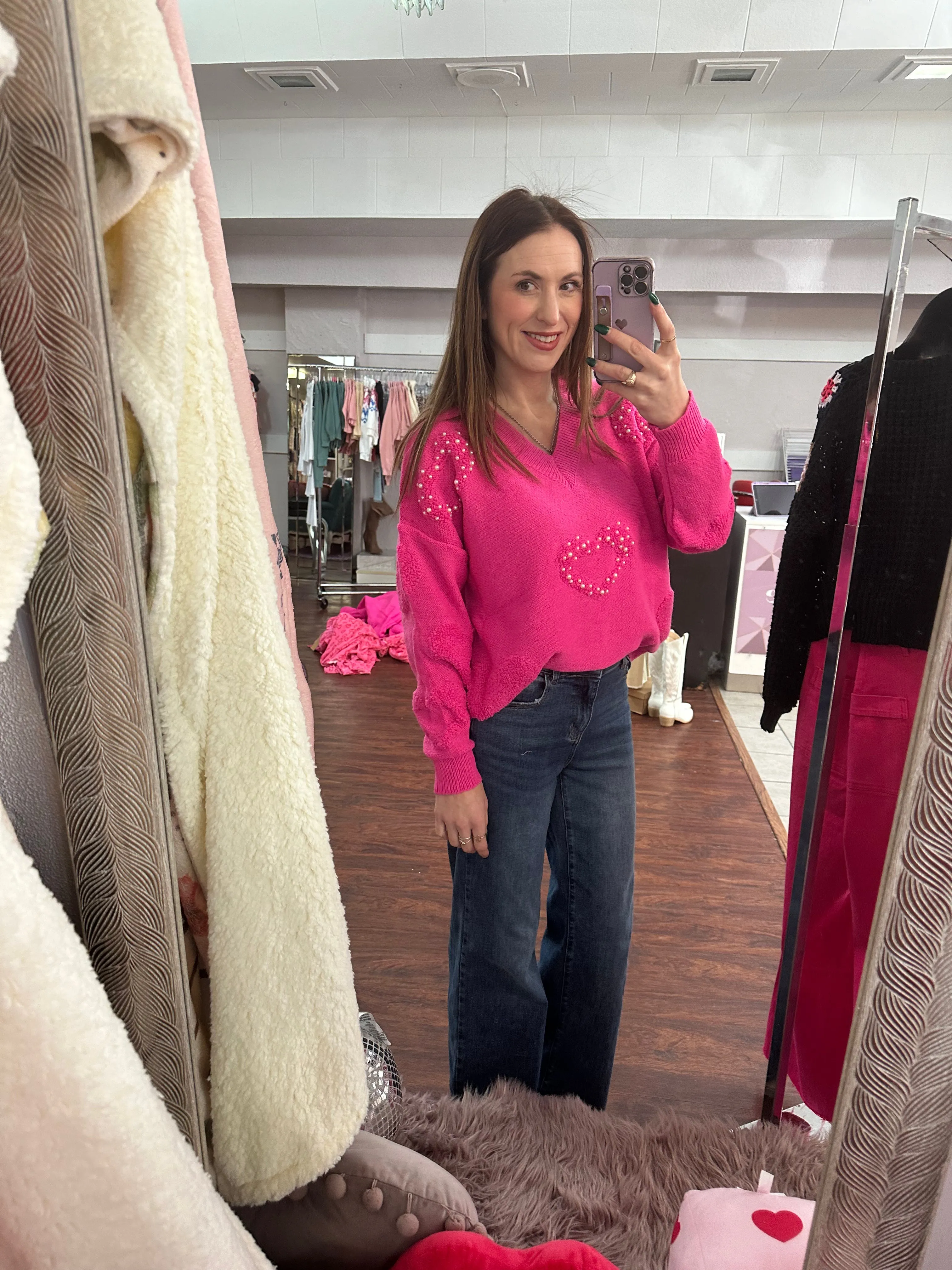 Pearl Hearts Sweater: Fuchsia