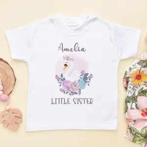 Personalised Little Sister Cute Swan T Shirt