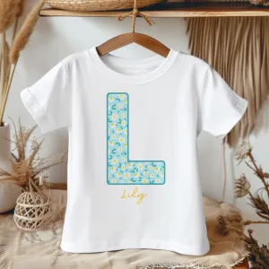 Personalised Name Blue Flowers Pattern Toddler & Kids T Shirt