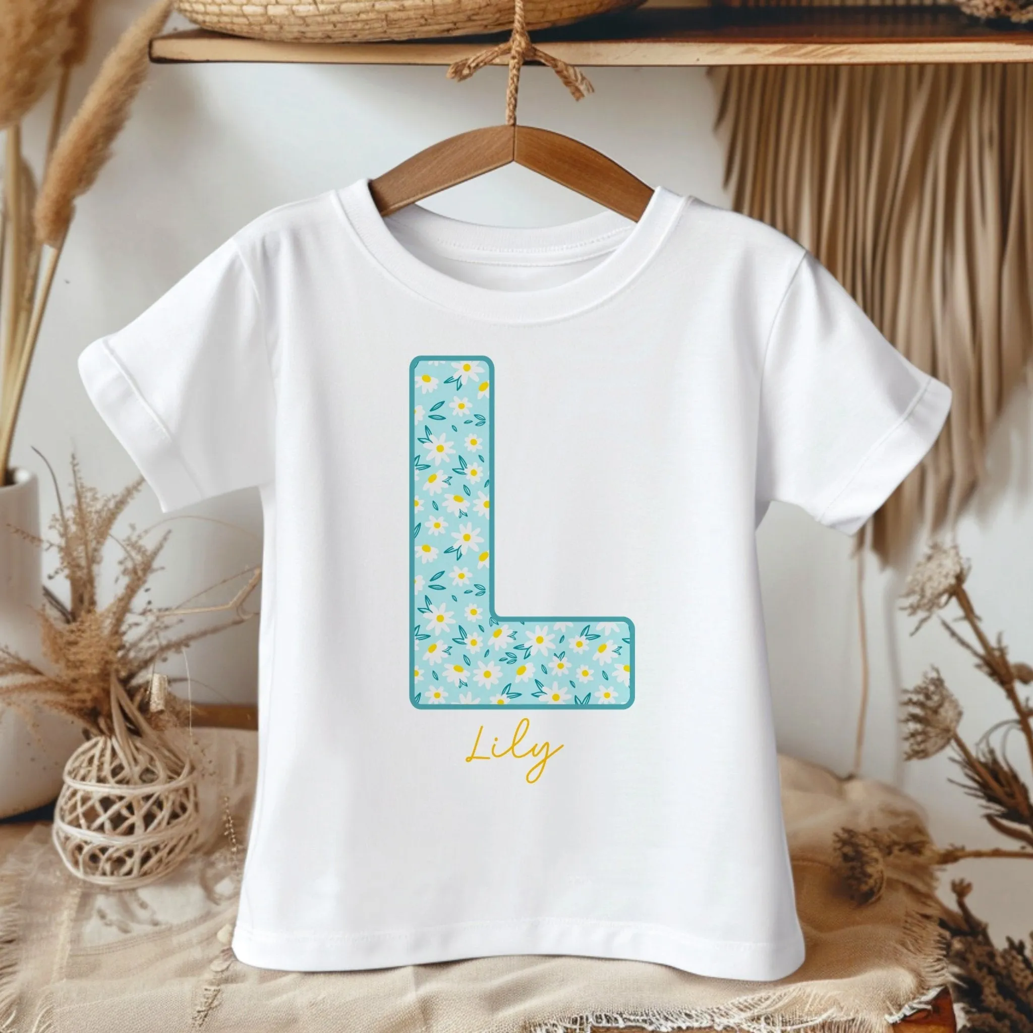 Personalised Name Blue Flowers Pattern Toddler & Kids T Shirt