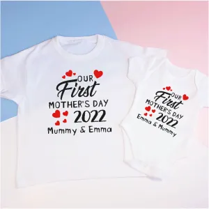 Personalised Our First Mother's Day Mummy and Baby T-shirt and Baby Vest Set
