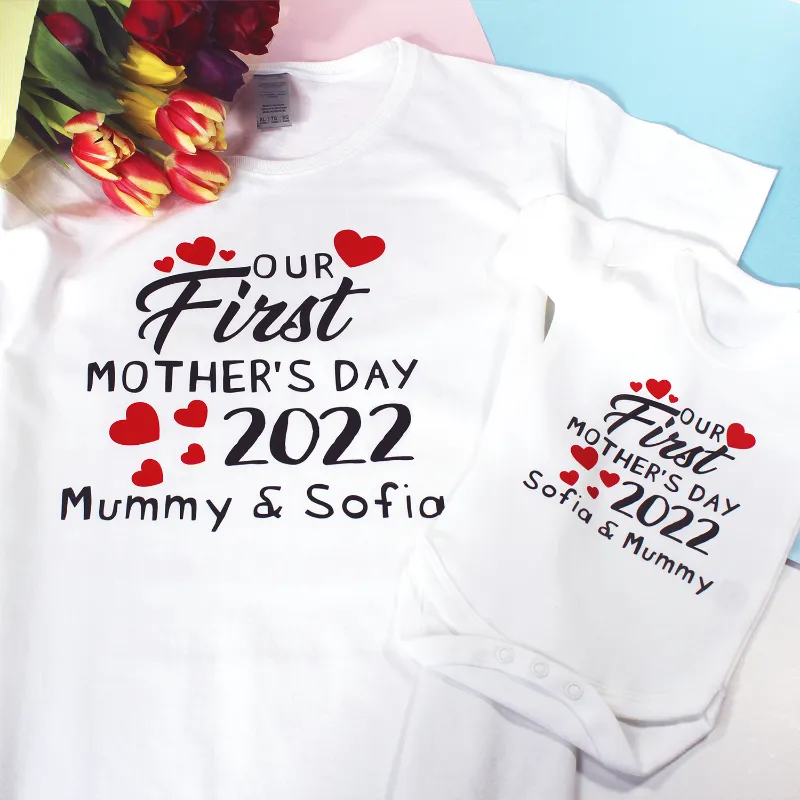 Personalised Our First Mother's Day Mummy and Baby T-shirt and Baby Vest Set