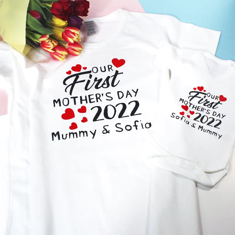 Personalised Our First Mother's Day Mummy and Baby T-shirt and Baby Vest Set