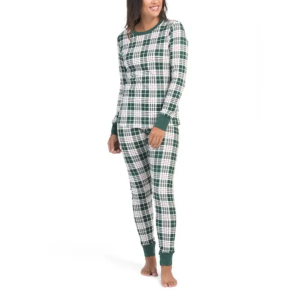 PETIT LEM Green White Red Holiday Plaid 100% Cotton Long Sleeve PJ Jogger Set