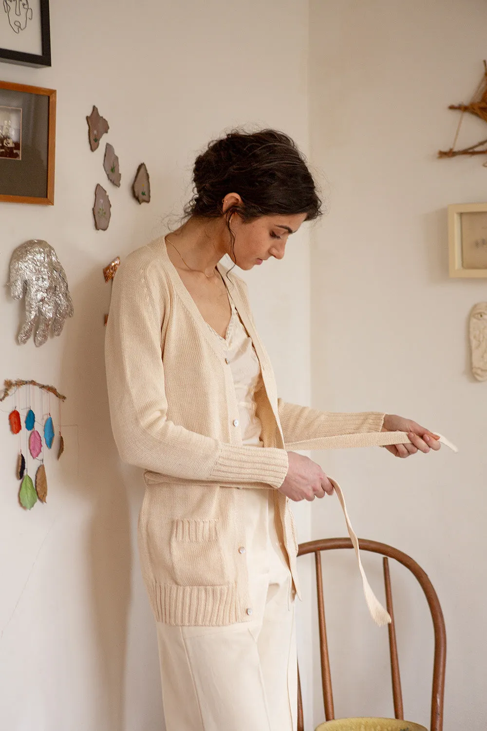 Pima Cotton Belted Cardigan in Natural