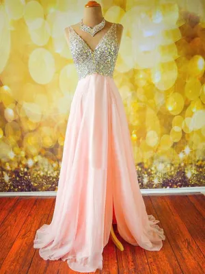 Pink A Line V Neck Sleeveless Backless Long Prom Dresses, Pink V Neck Formal Dresses, Evening Dresses
