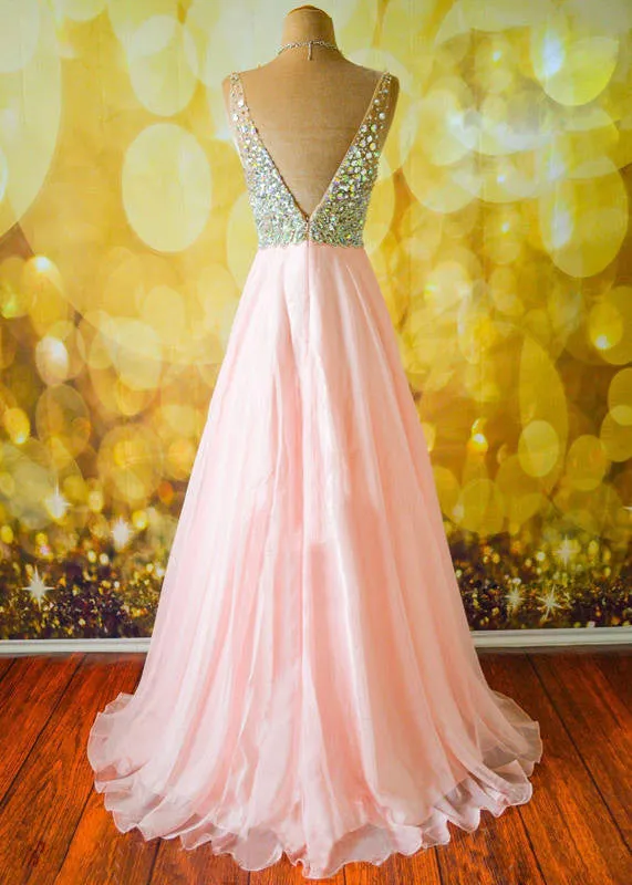 Pink A Line V Neck Sleeveless Backless Long Prom Dresses, Pink V Neck Formal Dresses, Evening Dresses